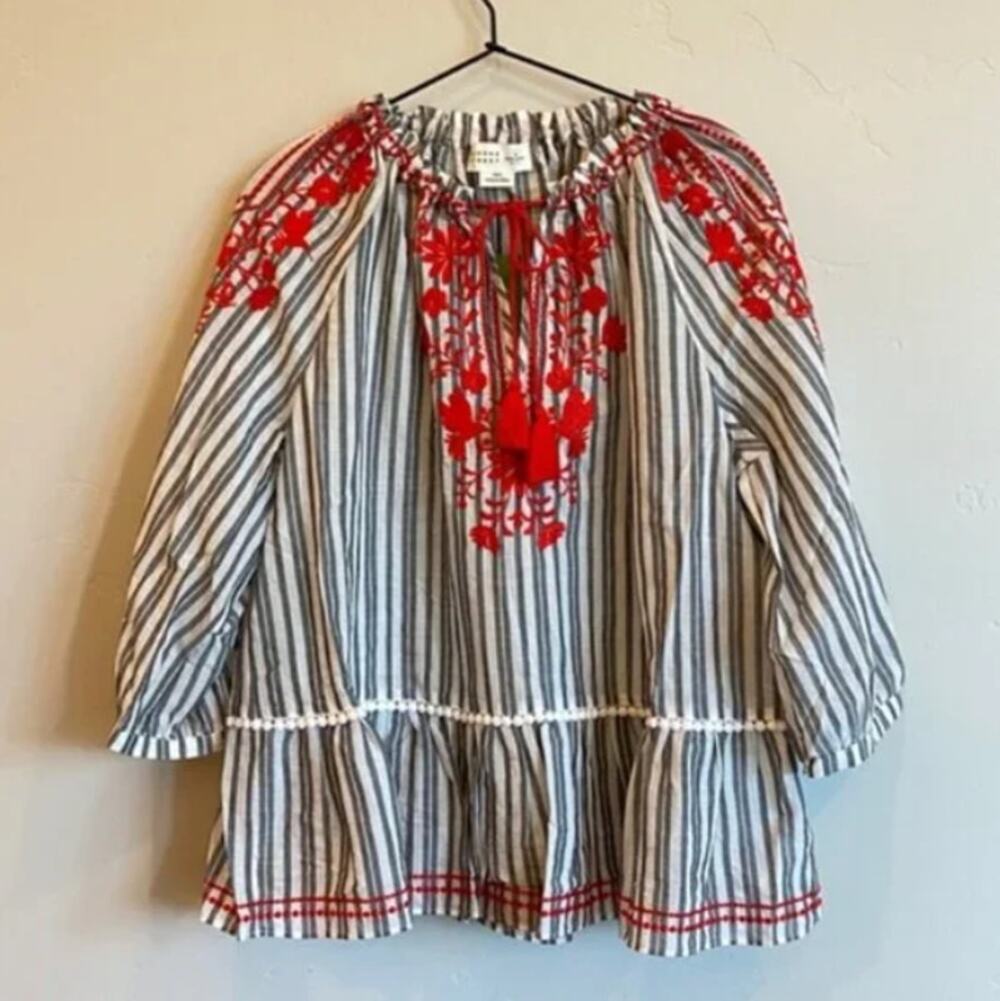 Kate Spade White Striped Embroidered Peasant Blouse V-Neck Women's Medium